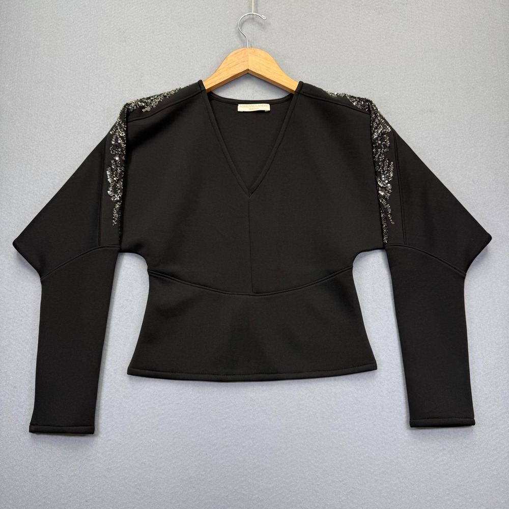 Adrienne Landau Quartz Black Scuba Peplum Top Sequin Shoulder Dolman Sleeve S